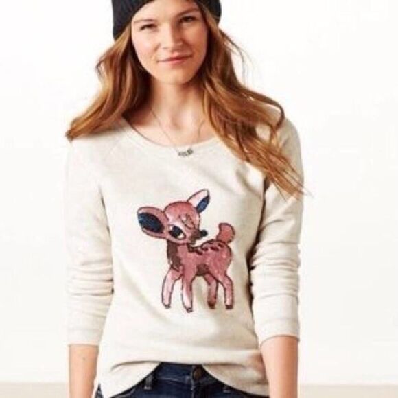 American Eagle Cream Sequin Bambi Deer Pullover Sweater - Picture 1 of 6